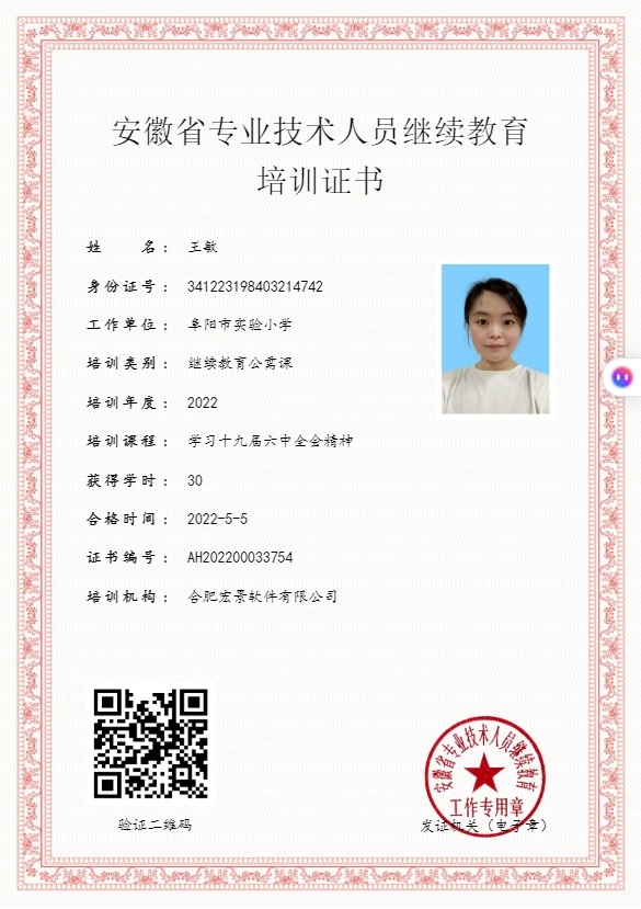 安徽省专业技术人员继续教育培训证书
